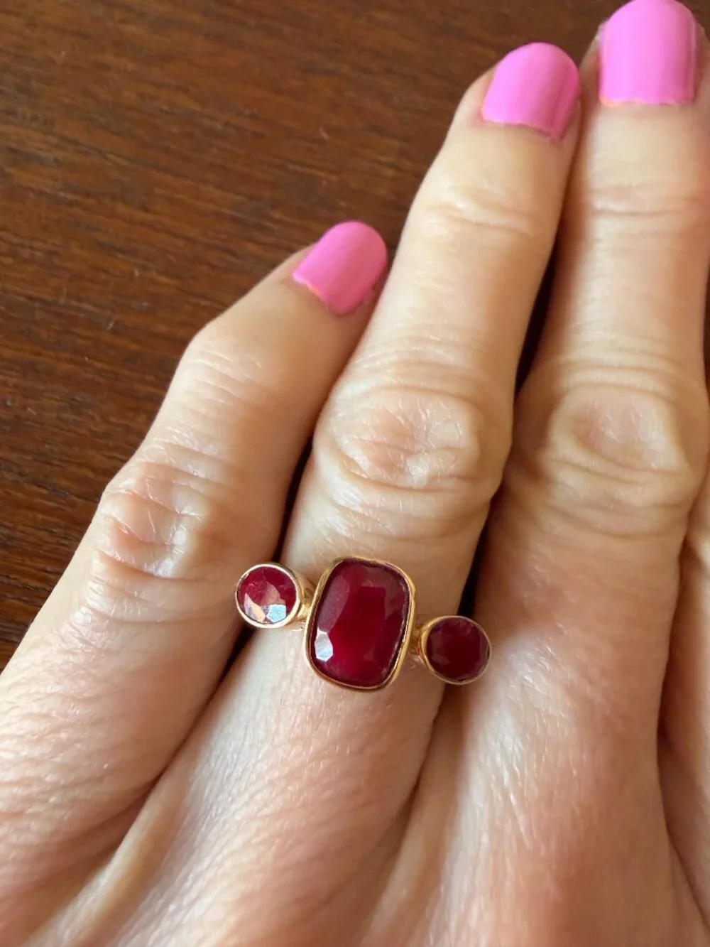 NIB 3.30 ct. Ruby Three-Stone Ring in 18kt Gold Over Sterling - 5 - 5.25
